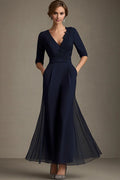 Elegant Navy Blue Chiffon A-Line Short Sleeve Floor-Length Mother of the Bride Dress