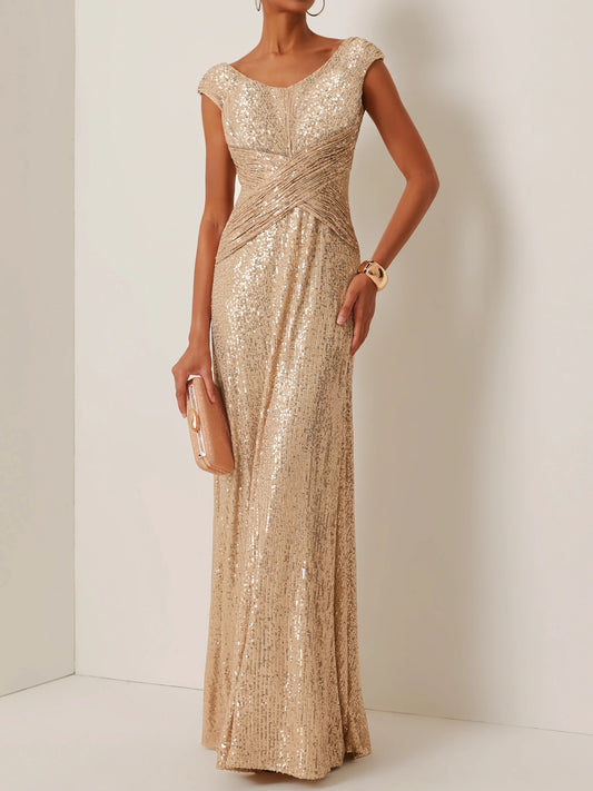 Beautiful Timeless Special Occasion Elegant Champagne Sequin A-Line Sleeveless Floor-Length Prom Dress
