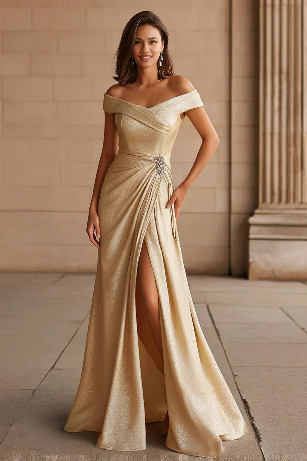 Beautiful Timeless Chic Elegant Champagne Lace Floor-Length Mother of the Bride Dress