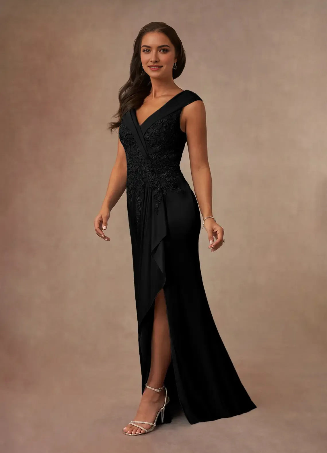 Black Luxury A-Line Mother of the Bride Dresses Exquisite Surplice V - Neck Hand - Bodice Artfully Draped Ruffles High Slit Elegance