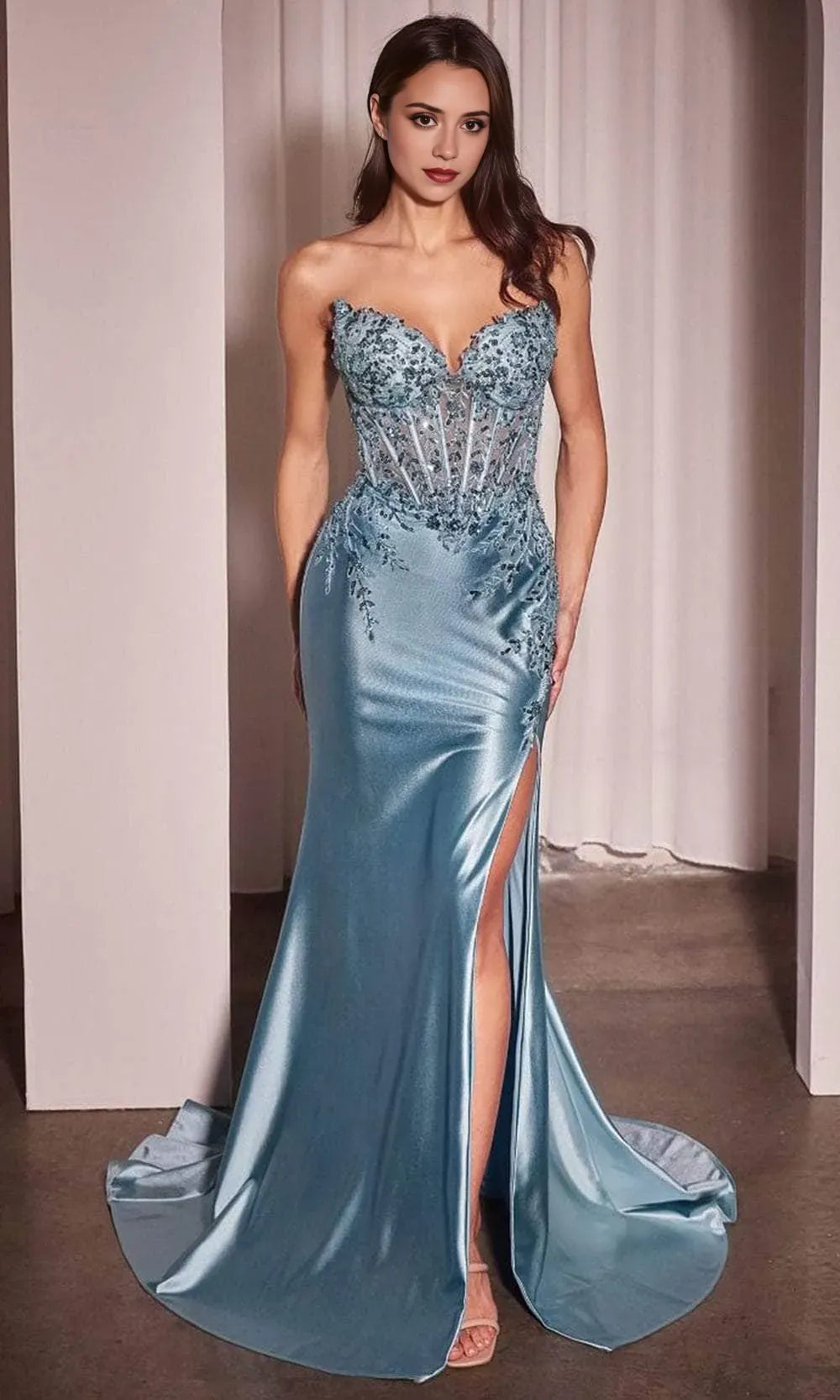 Black Luxury Evening Gown with Strapless Bodice and High Side Slit Perfect for Proms Formal Balls