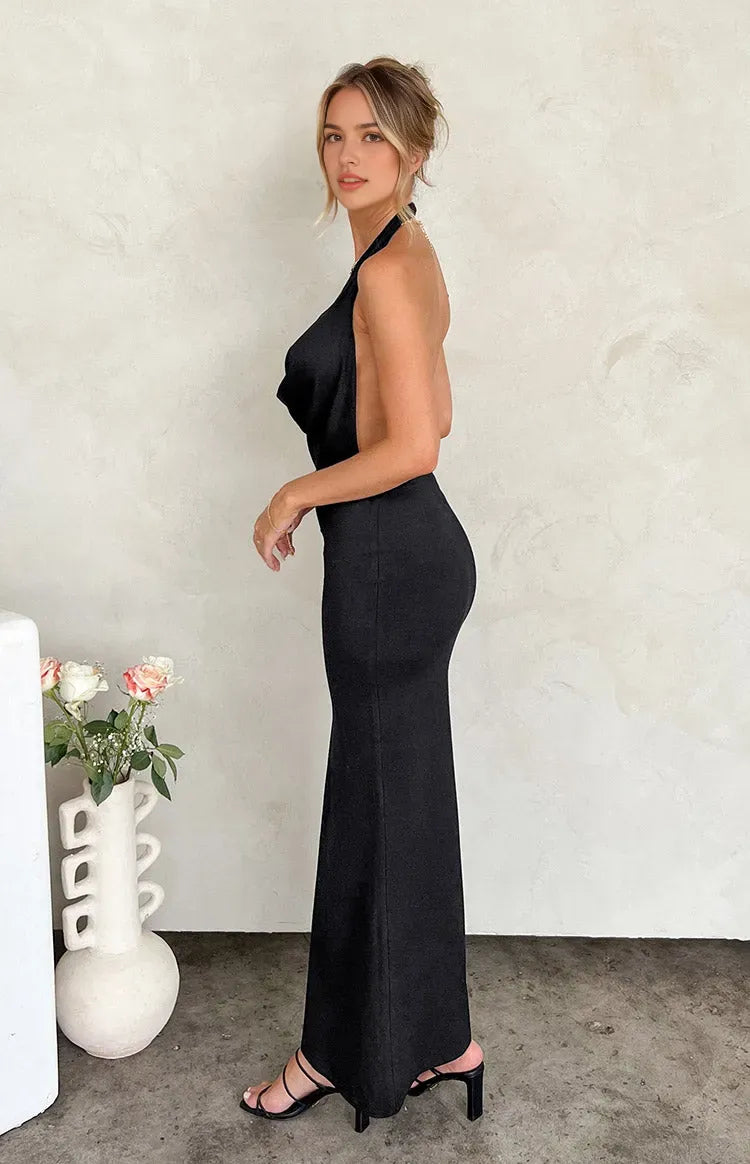 Black Luxury Prom Dress Halter Neck Plunging Cowl Neckline Floor Length Silhouette for a Glamorous Seductive Look