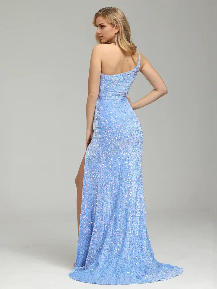 Sophisticated Graceful Stylish Refined Beautiful Elegant Sky Blue Sequins Sleeveless Prom Dress
