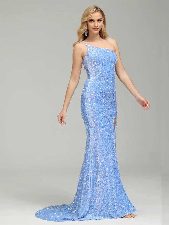 Sophisticated Graceful Stylish Refined Beautiful Elegant Sky Blue Sequins Sleeveless Prom Dress