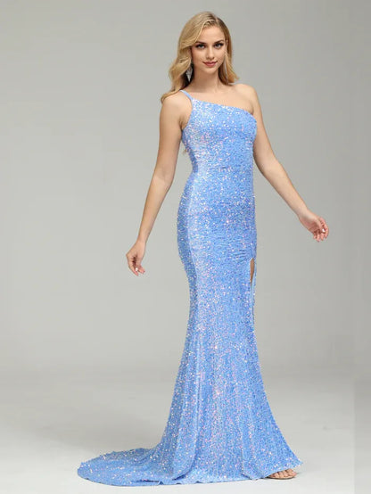Sophisticated Graceful Stylish Refined Beautiful Elegant Sky Blue Sequins Sleeveless Prom Dress