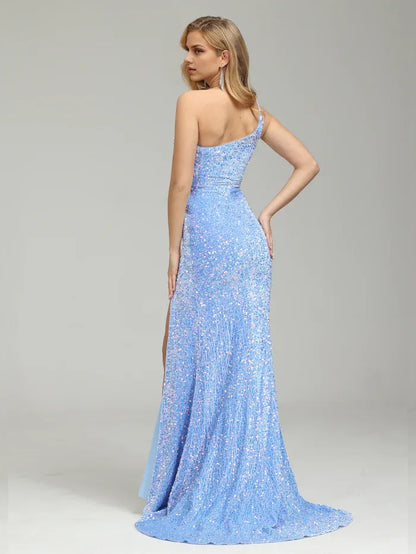 Sophisticated Graceful Stylish Refined Beautiful Elegant Sky Blue Sequins Sleeveless Prom Dress