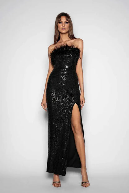 Stylish Refined Beautiful Timeless Chic Elegant Black Sequins Strapless Sleeveless Prom Dress