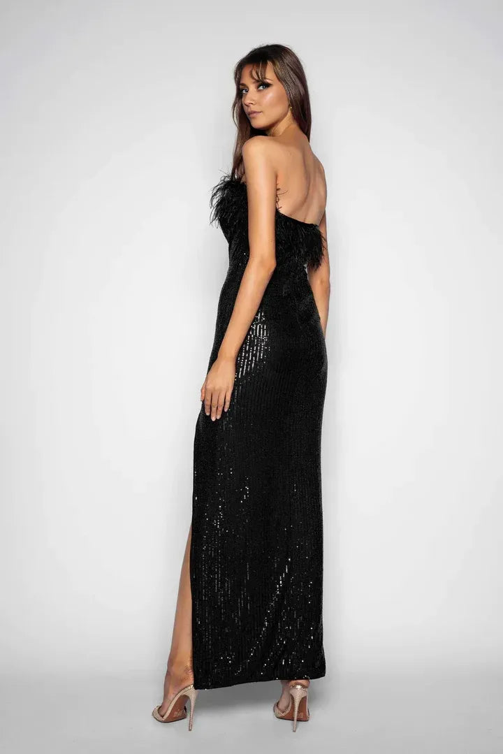 Stylish Refined Beautiful Timeless Chic Elegant Black Sequins Strapless Sleeveless Prom Dress