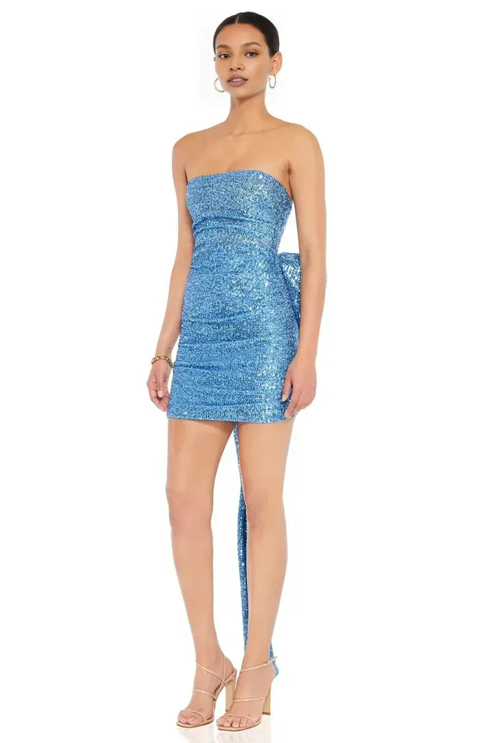 Special Occasion Sophisticated Graceful Stylish Elegant Blue Sequins Strapless Sleeveless Mini Homecoming Dress