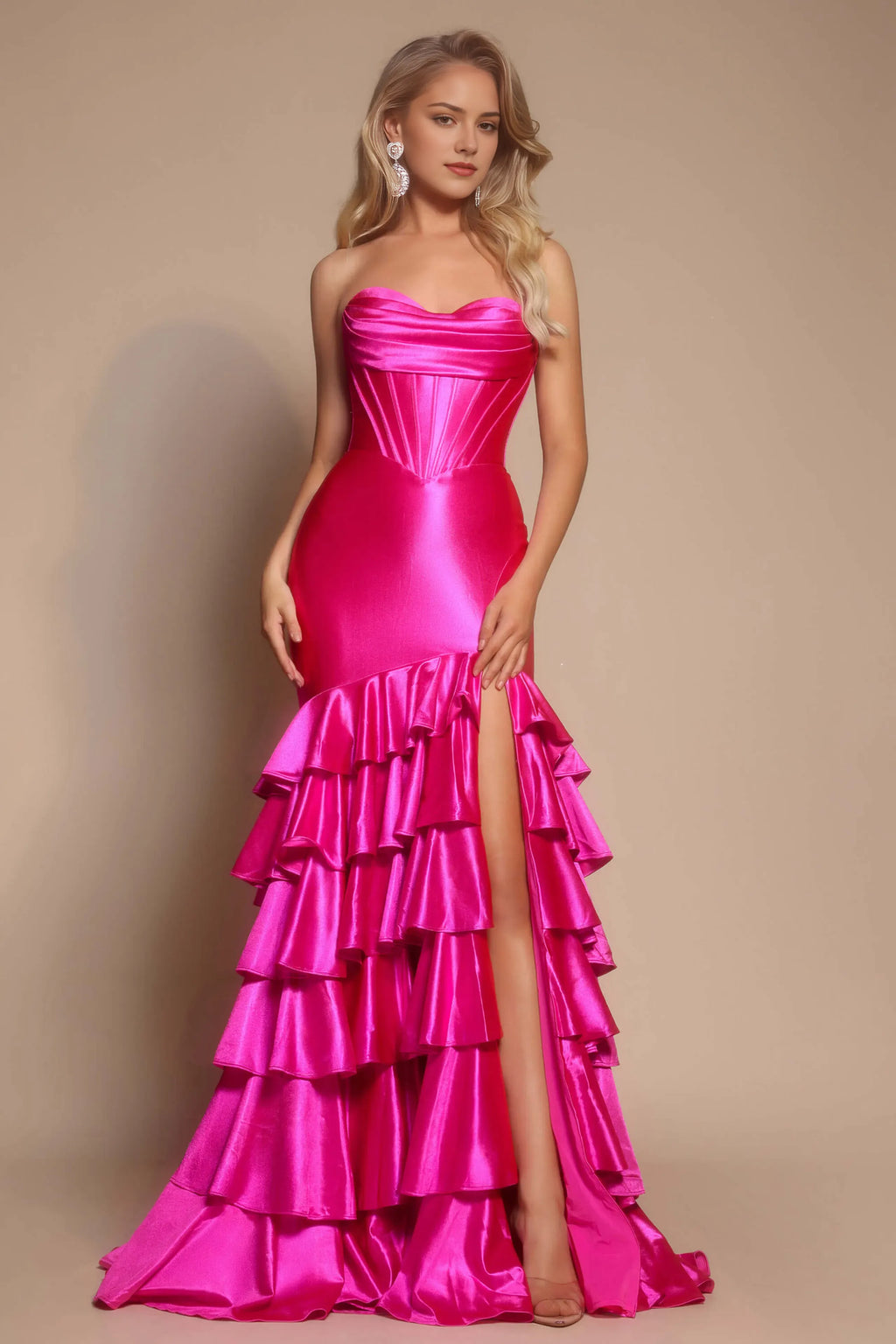 Luxury Fuchsia Mermaid Cowl Neck Strapless Tiered Ruffle Back Zip Floor-Length Slit Prom Dress