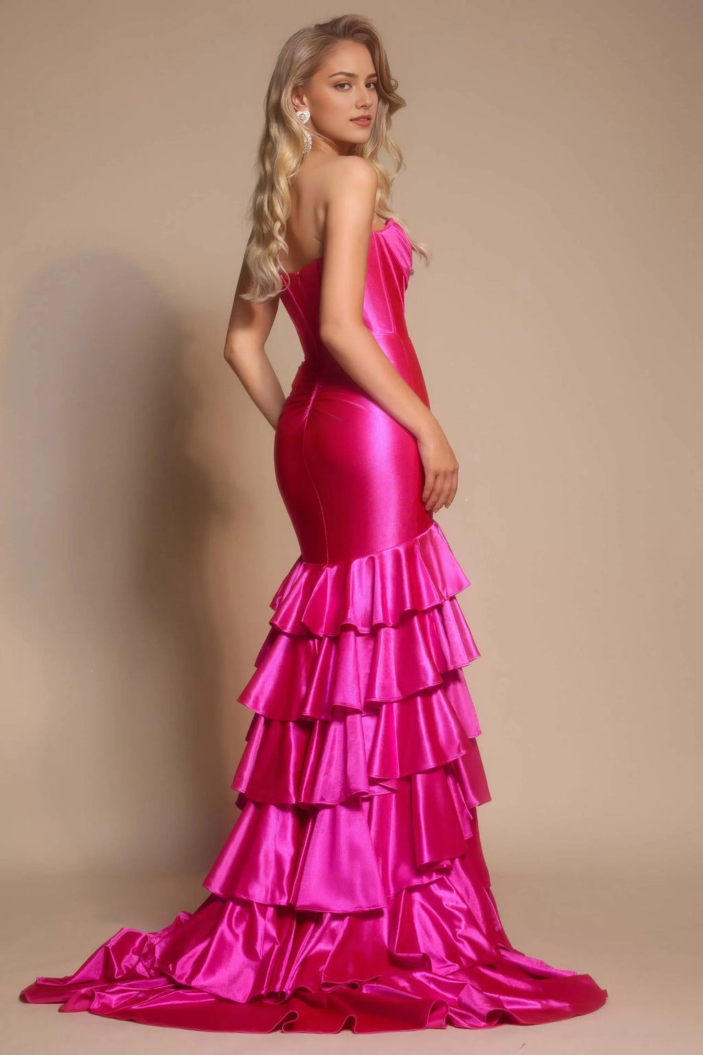 Luxury Fuchsia Mermaid Cowl Neck Strapless Tiered Ruffle Back Zip Floor-Length Slit Prom Dress