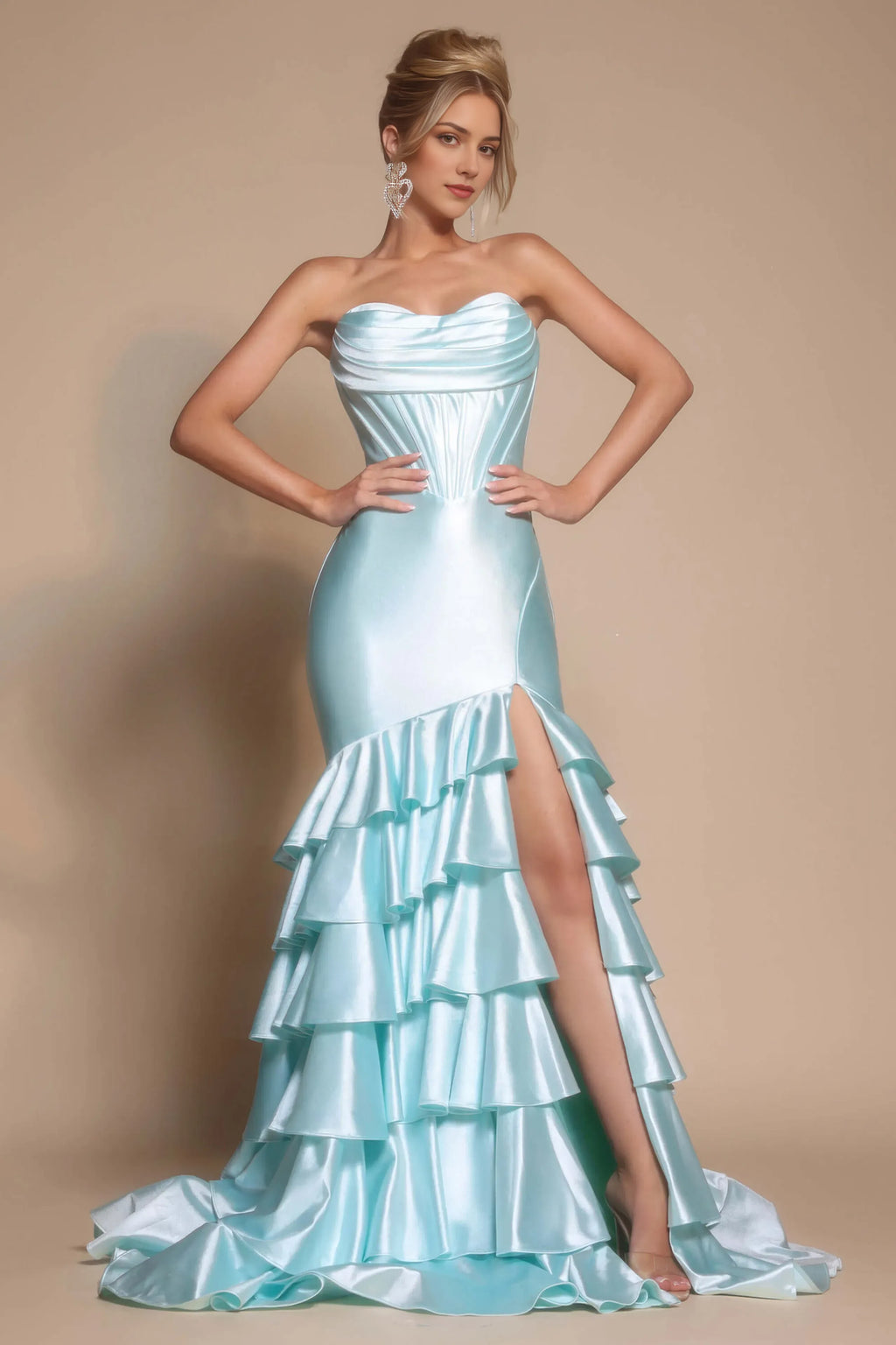 Luxury Fuchsia Mermaid Cowl Neck Strapless Tiered Ruffle Back Zip Floor-Length Slit Prom Dress