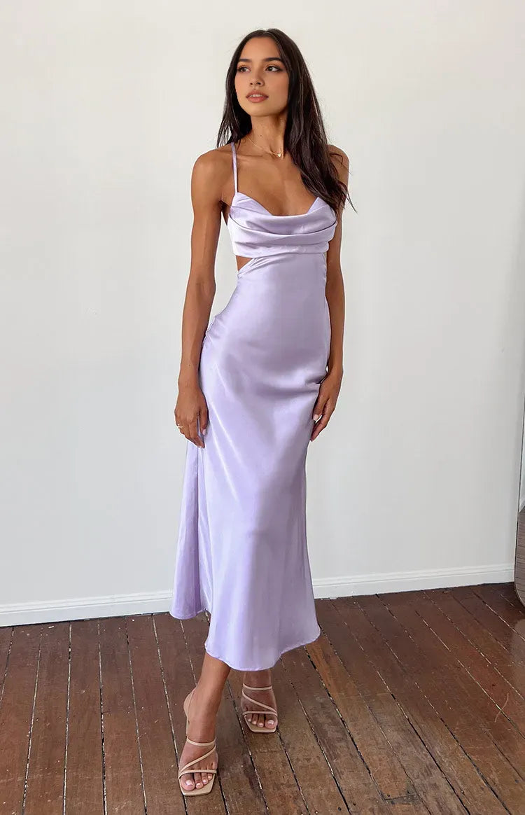 Lavender Luxury Prom Dress Cowl Neck Spaghetti Straps Side Cutout for a High End Glamorous Appeal