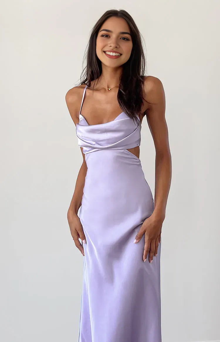 Lavender Luxury Prom Dress Cowl Neck Spaghetti Straps Side Cutout for a High End Glamorous Appeal
