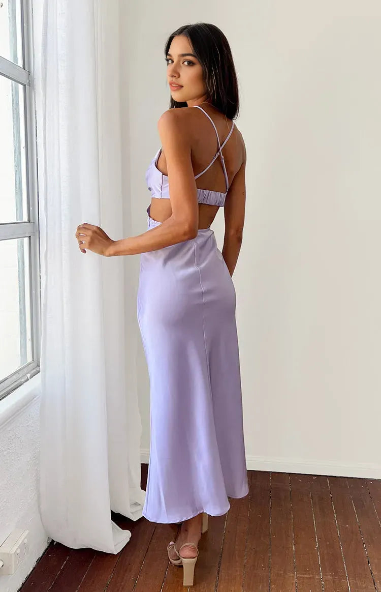 Lavender Luxury Prom Dress Cowl Neck Spaghetti Straps Side Cutout for a High End Glamorous Appeal