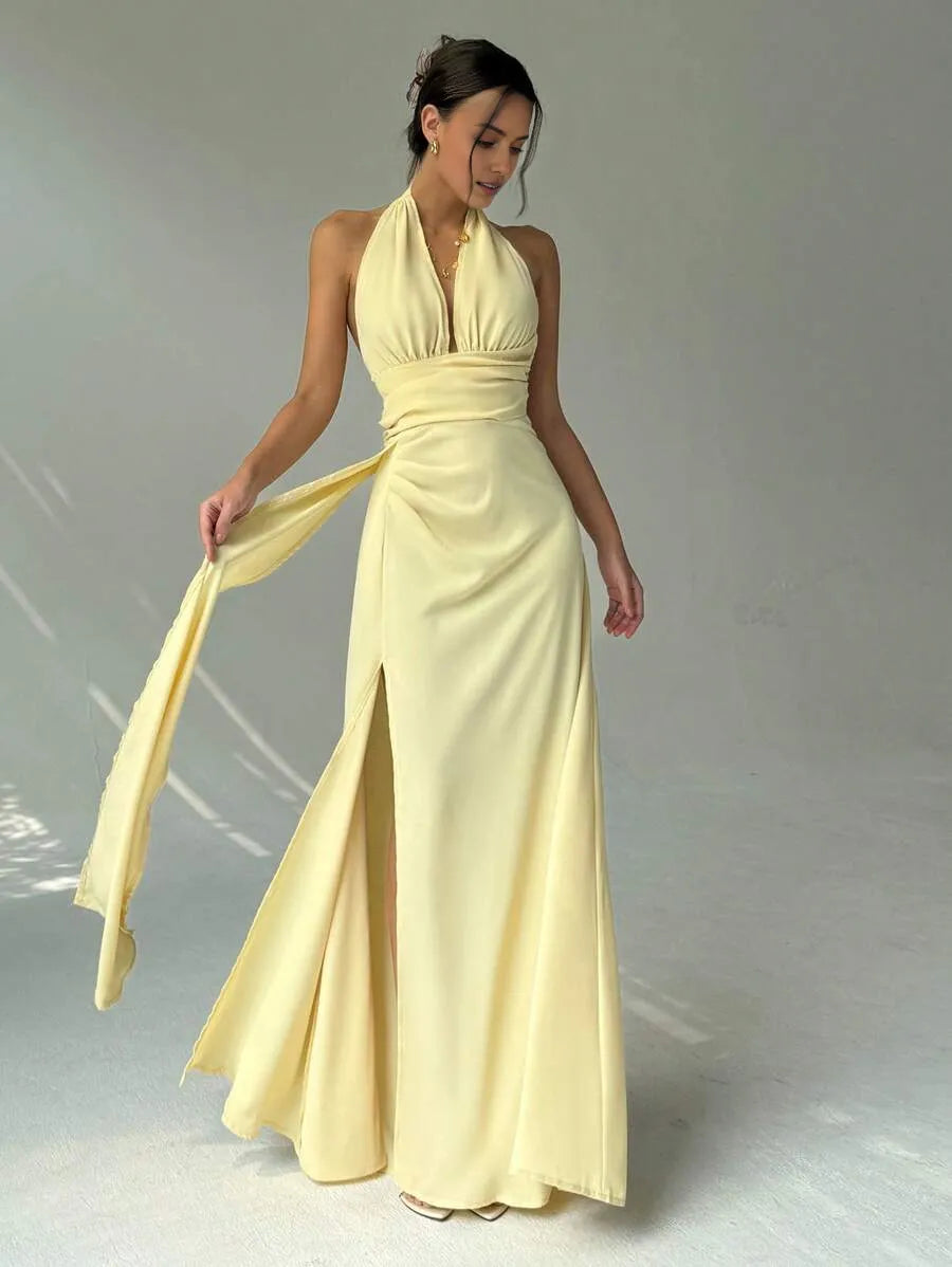 Yellow Luxury Light A-Line Halter Neck Sleeveless Open Back Draped-Tie Floor-Length High Slit Prom Dresses
