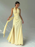 Yellow Luxury Light A-Line Halter Neck Sleeveless Open Back Draped-Tie Floor-Length High Slit Prom Dresses