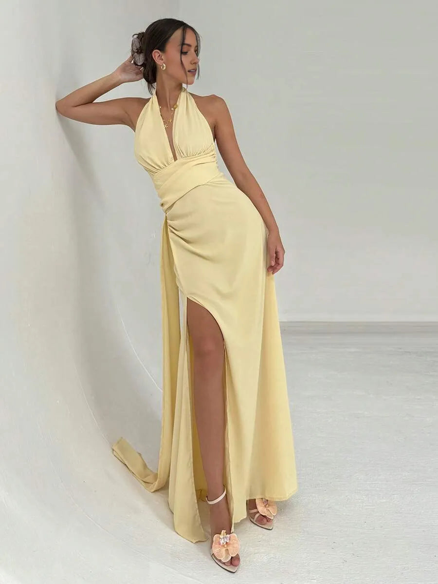 Yellow Luxury Light A-Line Halter Neck Sleeveless Open Back Draped-Tie Floor-Length High Slit Prom Dresses