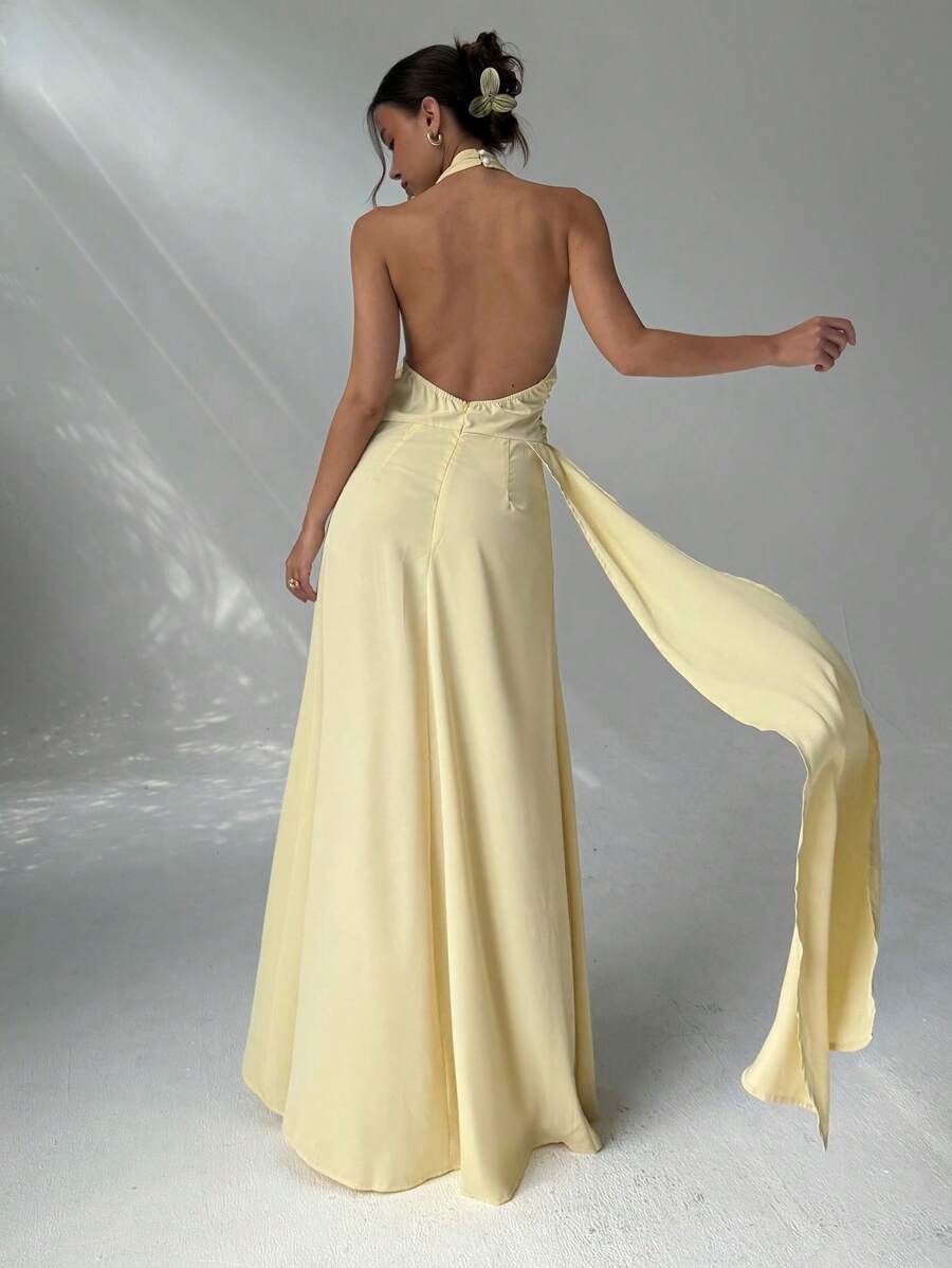 Yellow Luxury Light A-Line Halter Neck Sleeveless Open Back Draped-Tie Floor-Length High Slit Prom Dresses