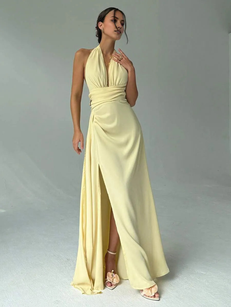 Yellow Luxury Light A-Line Halter Neck Sleeveless Open Back Draped-Tie Floor-Length High Slit Prom Dresses