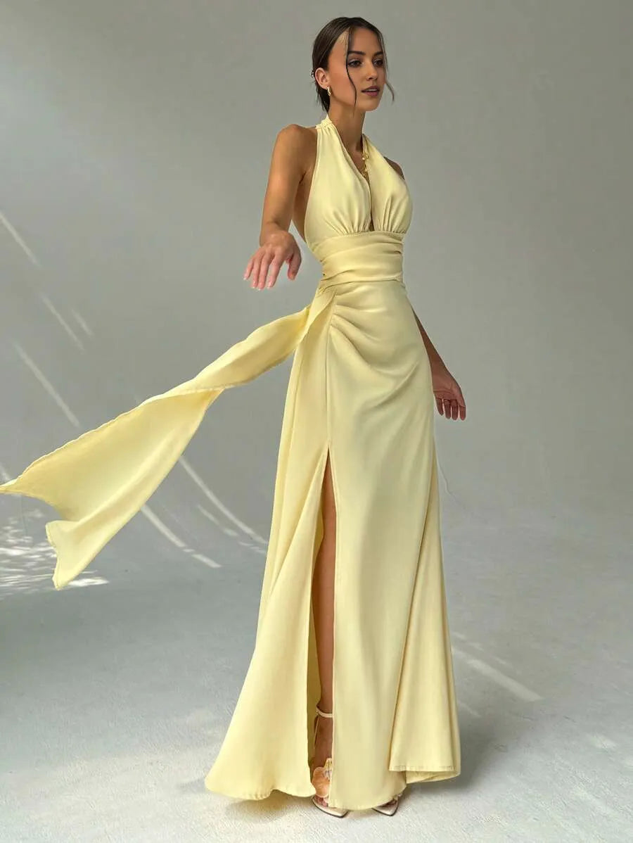 Yellow Luxury Light A-Line Halter Neck Sleeveless Open Back Draped-Tie Floor-Length High Slit Prom Dresses