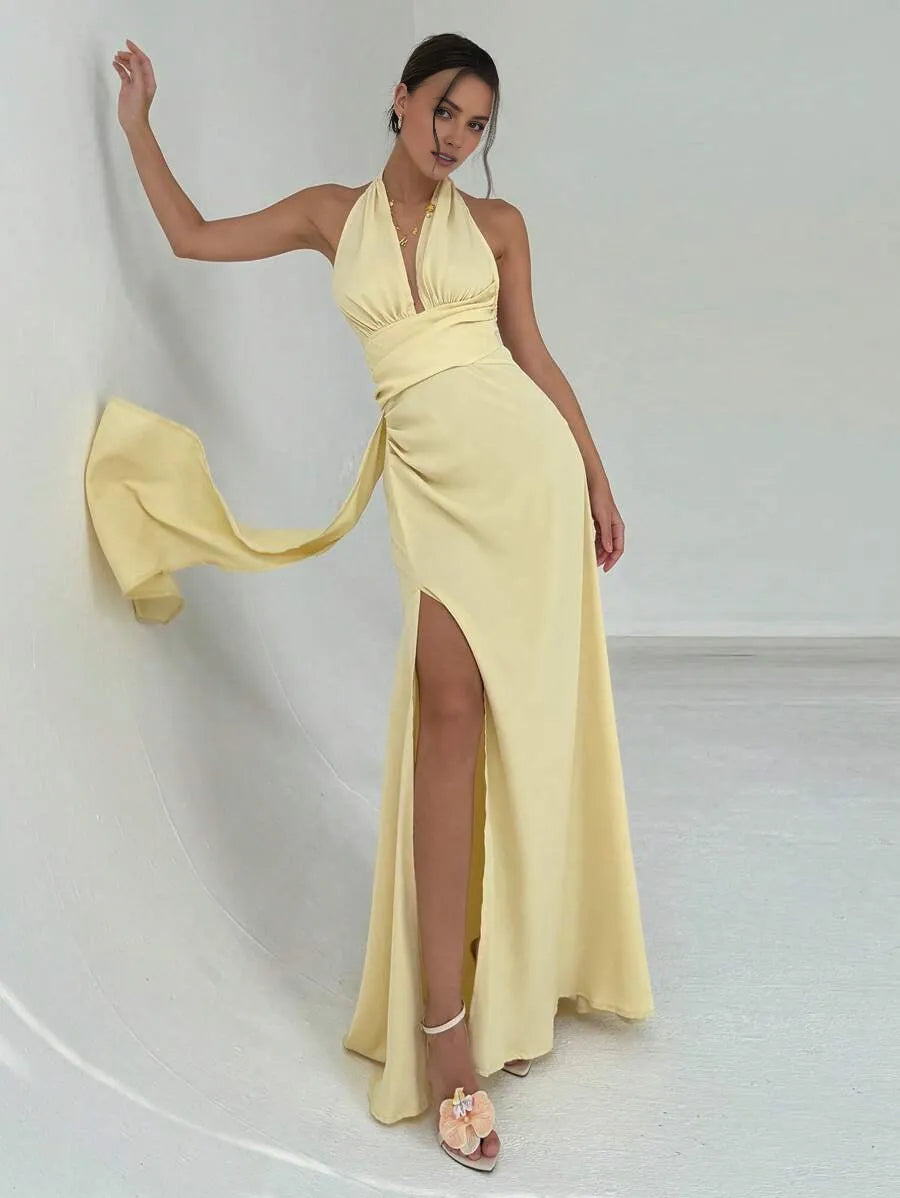 Yellow Luxury Light A-Line Halter Neck Sleeveless Open Back Draped-Tie Floor-Length High Slit Prom Dresses