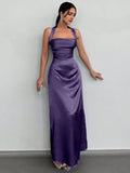 Purple Luxury Mauve Sheath Halter Neck Sleeveless Open-Back Back Zip Floor-Length Prom Dress