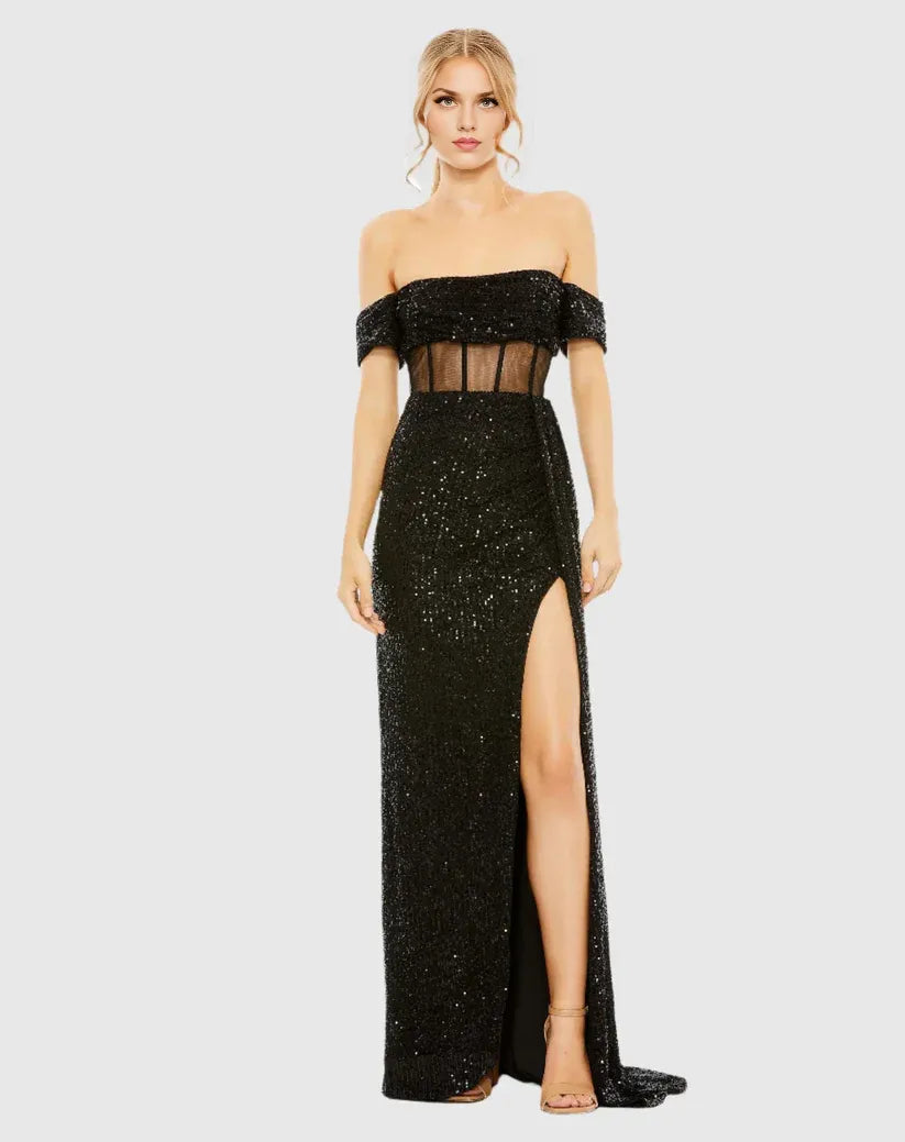 Stylish Refined Beautiful Elegant Black Sequin Mermaid Off-The-Shoulder Sleeveless Floor-Length Prom Dress