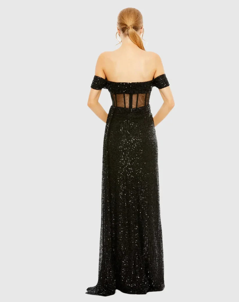 Stylish Refined Beautiful Elegant Black Sequin Mermaid Off-The-Shoulder Sleeveless Floor-Length Prom Dress