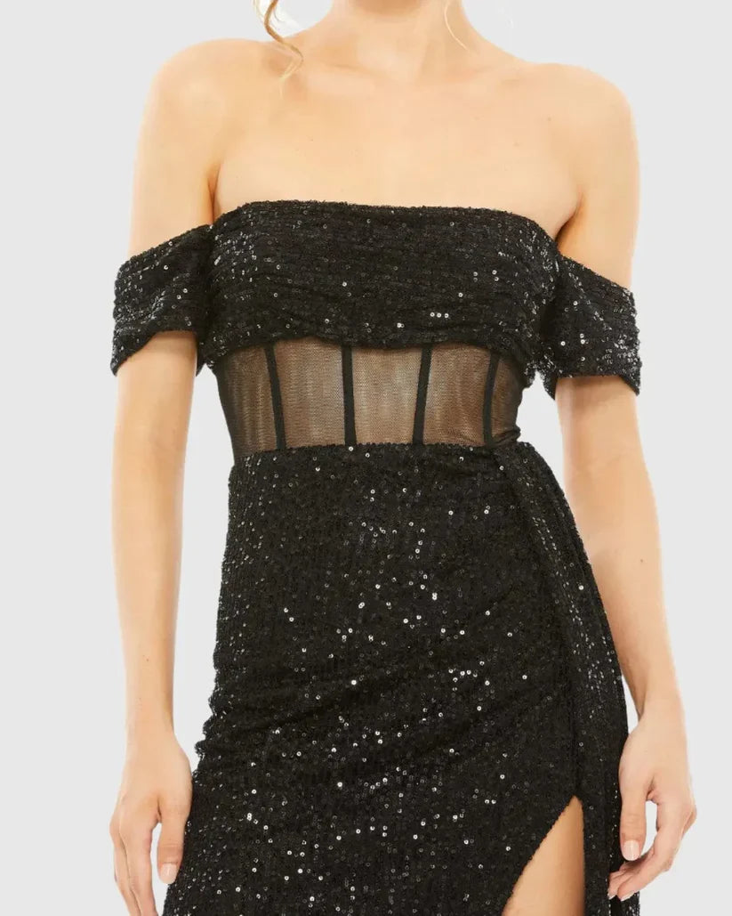 Stylish Refined Beautiful Elegant Black Sequin Mermaid Off-The-Shoulder Sleeveless Floor-Length Prom Dress