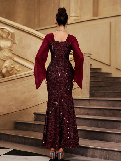 Special Occasion Sophisticated Elegant Burgundy Sequin Mermaid Square Neck Floor-Length Prom Dress