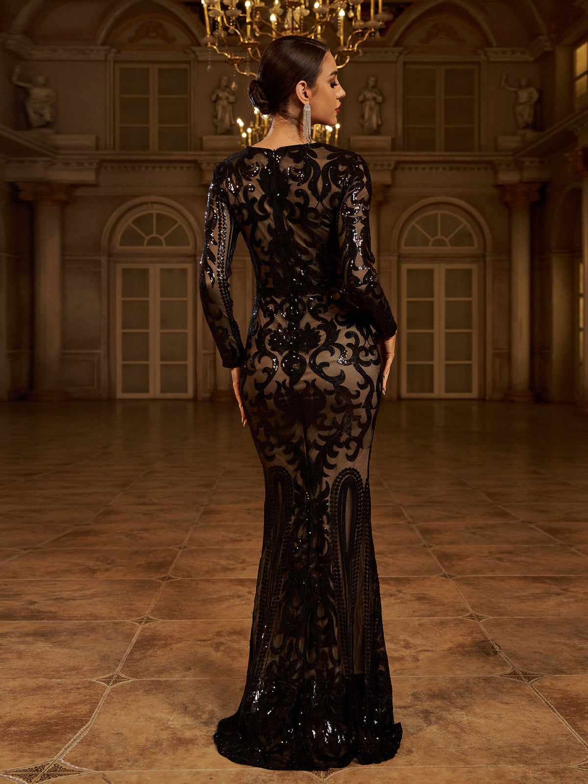 Graceful Stylish Refined Elegant Black Lace Mermaid Long Sleeve Long Prom Dress