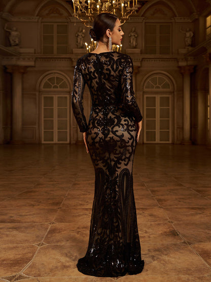 Graceful Stylish Refined Elegant Black Lace Mermaid Long Sleeve Long Prom Dress
