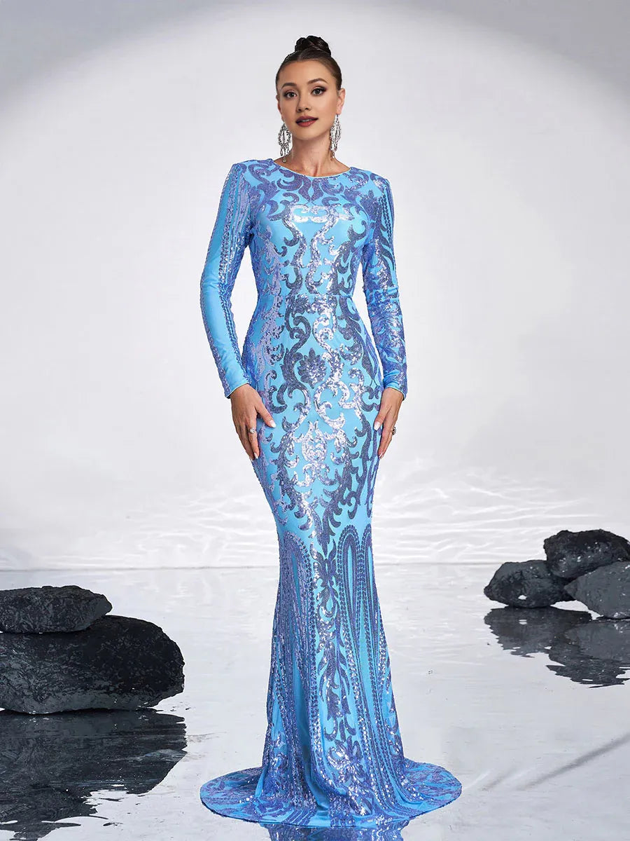 Graceful Stylish Refined Elegant Black Lace Mermaid Long Sleeve Long Prom Dress