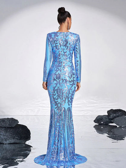 Graceful Stylish Refined Elegant Black Lace Mermaid Long Sleeve Long Prom Dress