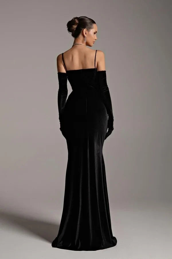 Black Luxury Mermaid Spaghetti Strap Floor-Length Evening Dress