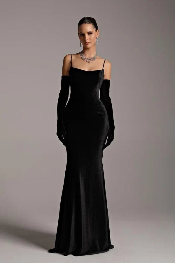 Black Luxury Mermaid Spaghetti Strap Floor-Length Evening Dress