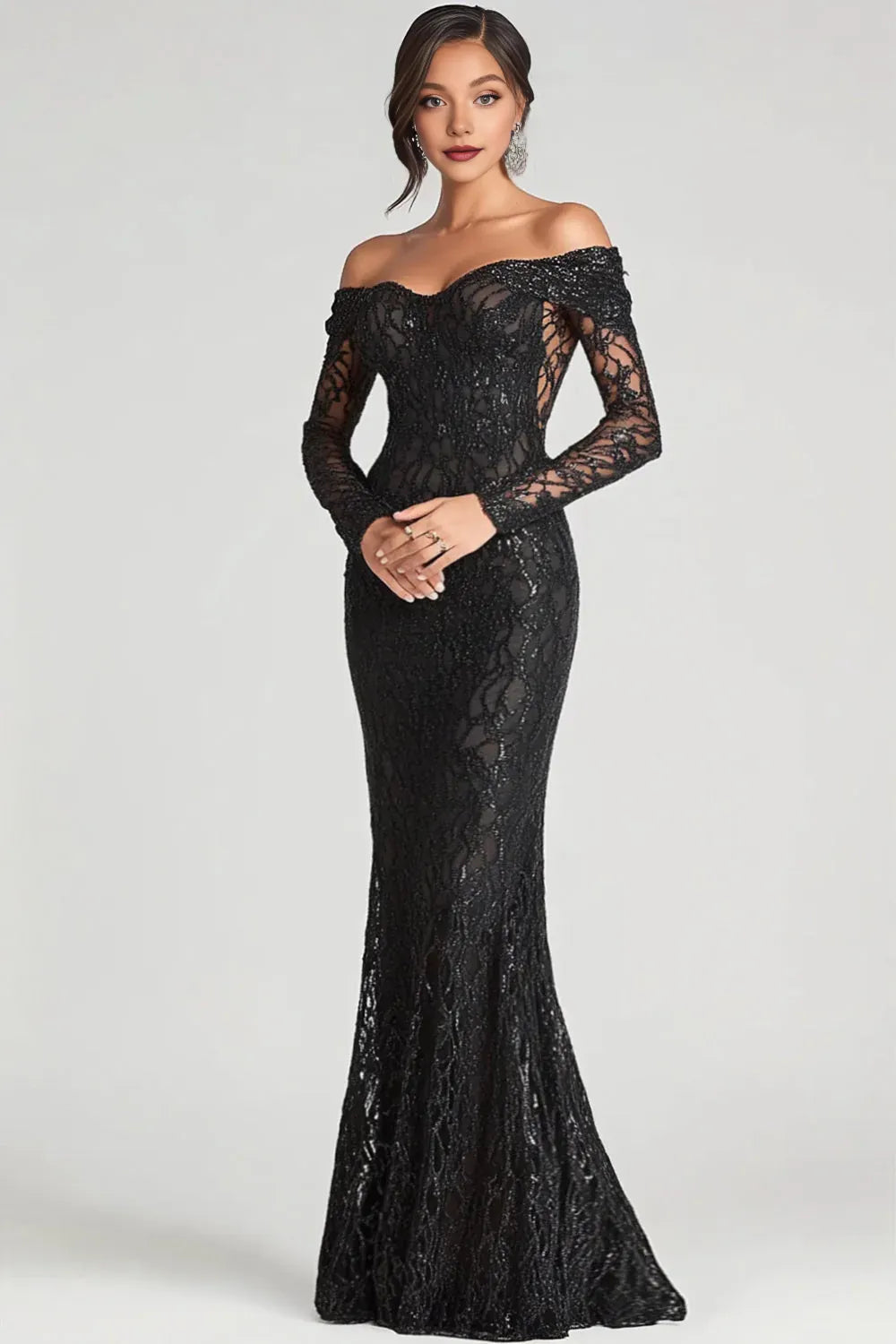 Stylish Refined Beautiful Elegant Black Sequins Mermaid Long Sleeve Floor-Length Prom Dress