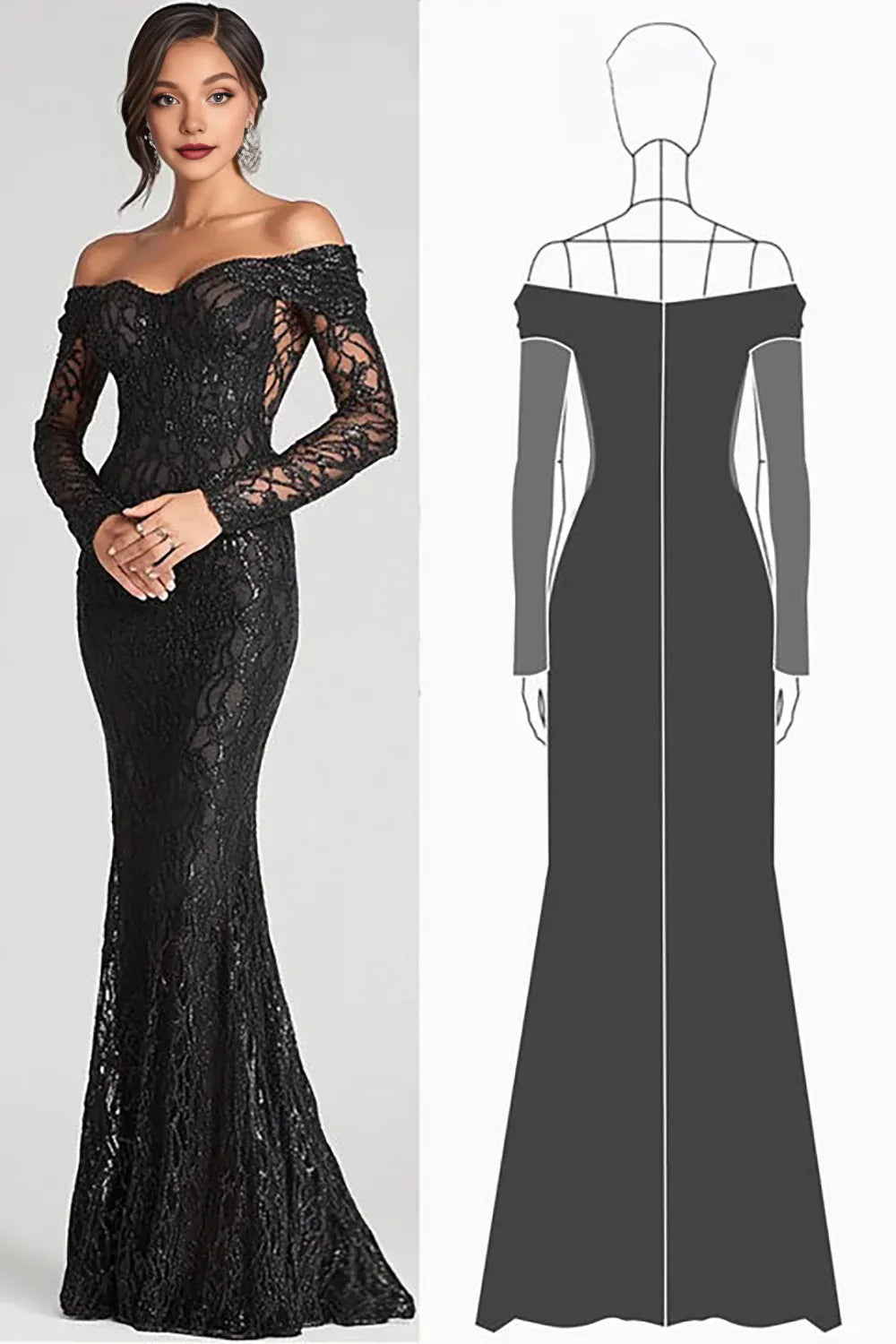 Stylish Refined Beautiful Elegant Black Sequins Mermaid Long Sleeve Floor-Length Prom Dress