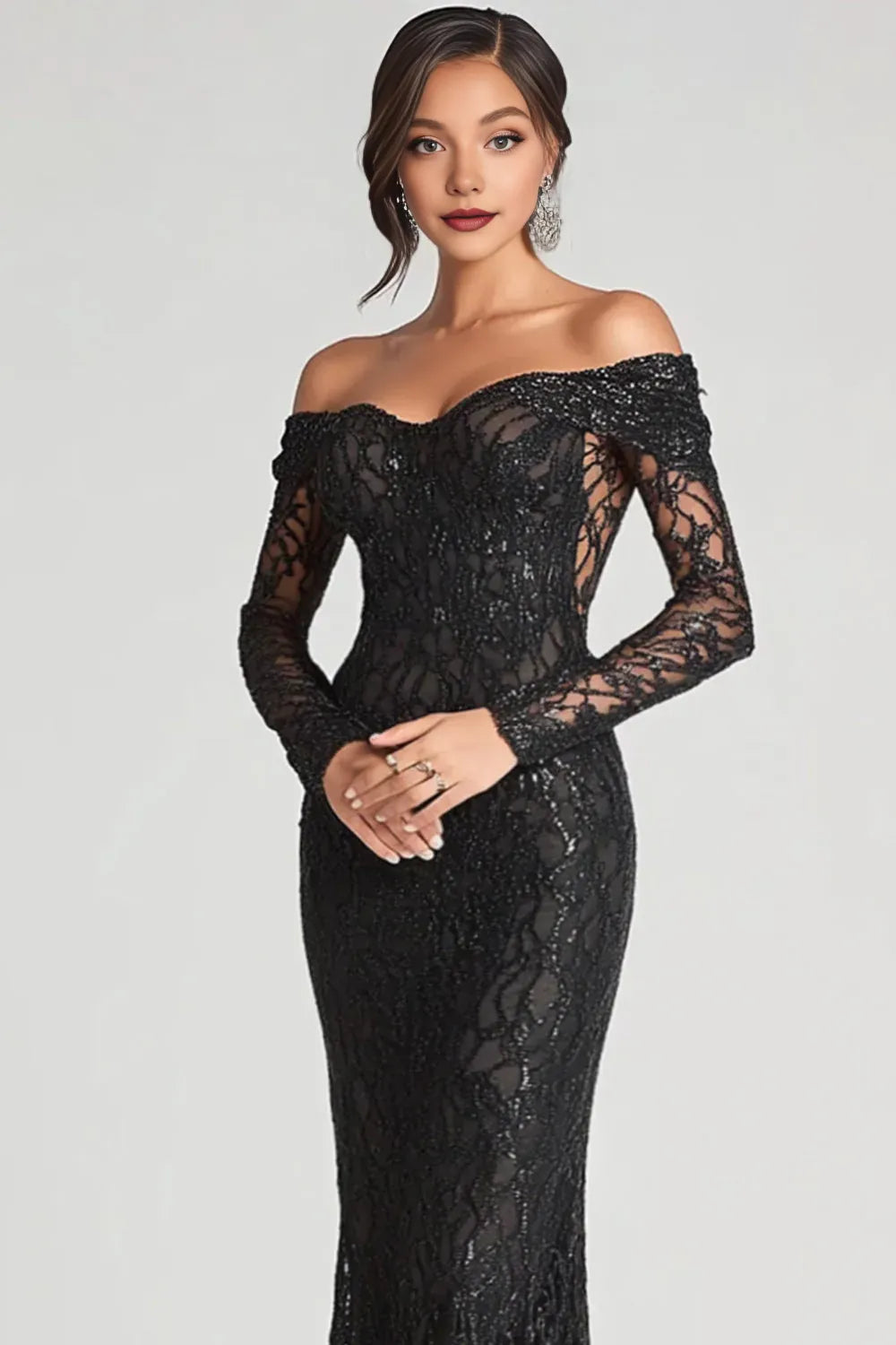 Stylish Refined Beautiful Elegant Black Sequins Mermaid Long Sleeve Floor-Length Prom Dress