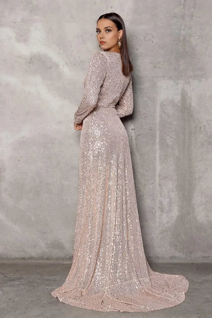 Special Occasion Sophisticated Elegant Blush Pink Sequins Mermaid Long Sleeve Long Prom Dress