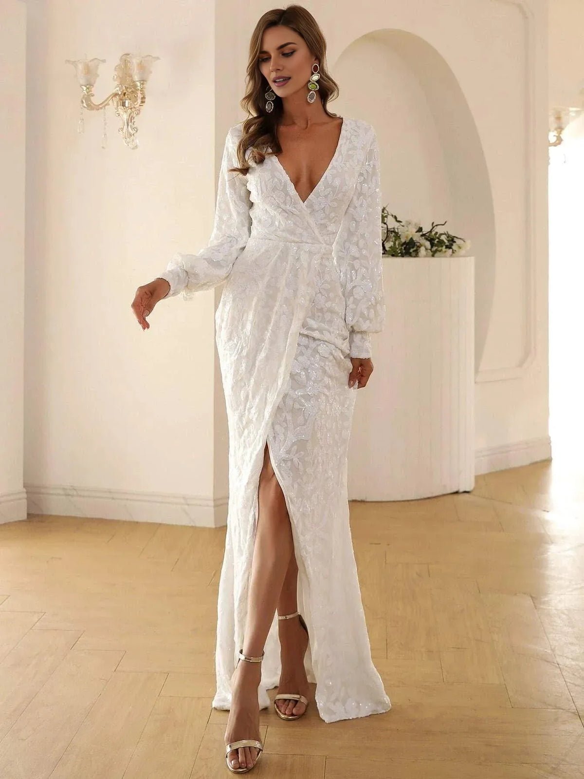 Timeless Chic Elegant Burgundy Sequin Mermaid V-Neck Long Sleeve Long Prom Dress