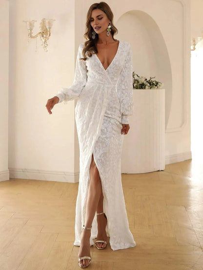Timeless Chic Elegant Burgundy Sequin Mermaid V-Neck Long Sleeve Long Prom Dress