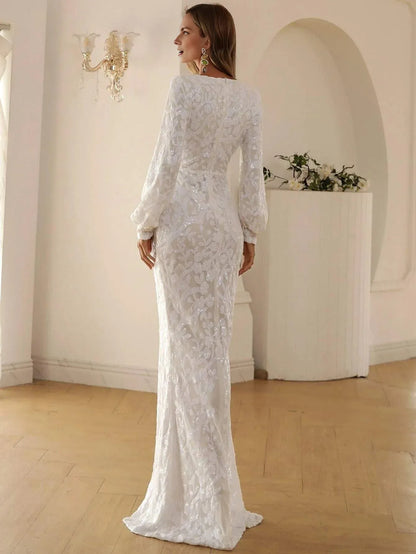 Timeless Chic Elegant Burgundy Sequin Mermaid V-Neck Long Sleeve Long Prom Dress