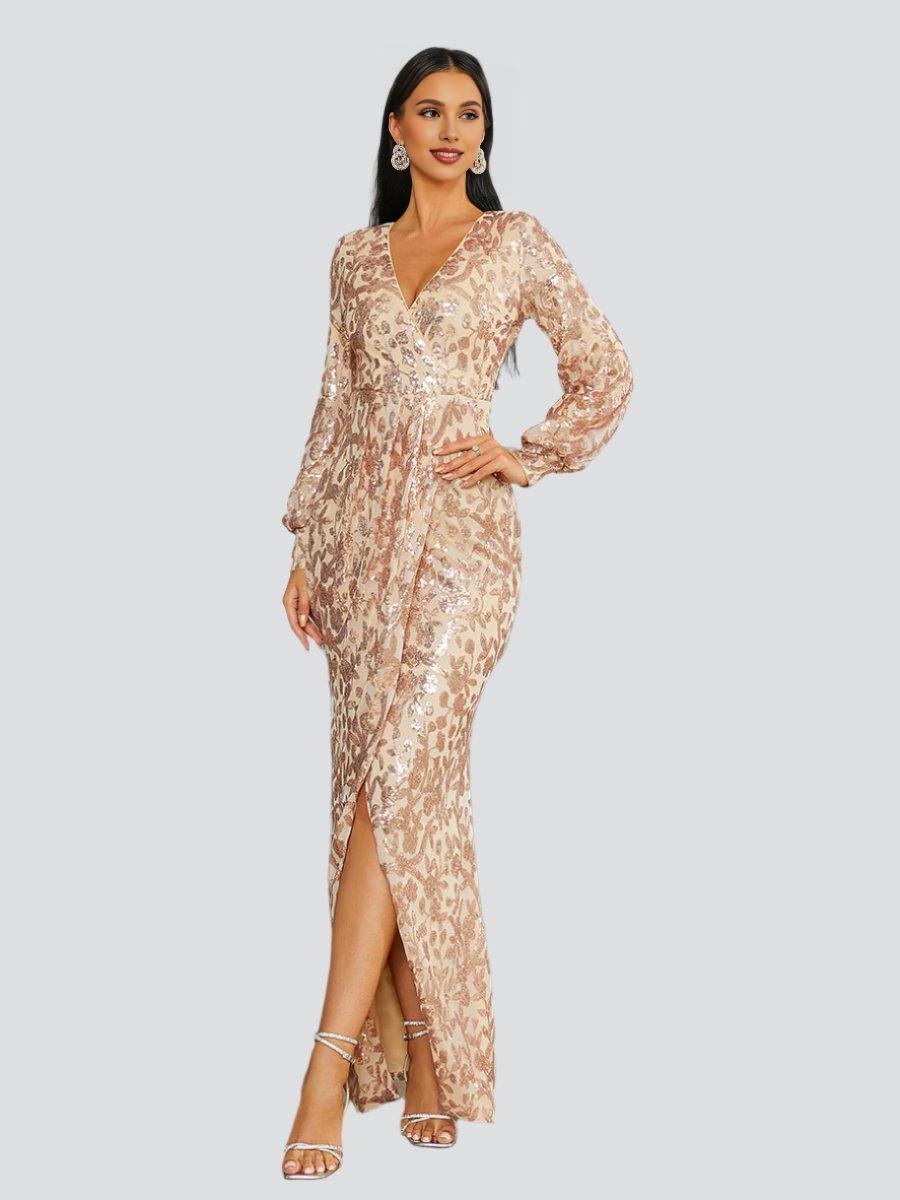 Timeless Chic Elegant Burgundy Sequin Mermaid V-Neck Long Sleeve Long Prom Dress