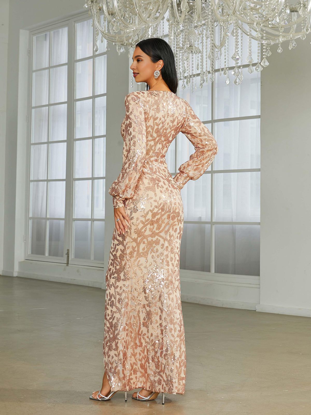 Timeless Chic Elegant Burgundy Sequin Mermaid V-Neck Long Sleeve Long Prom Dress