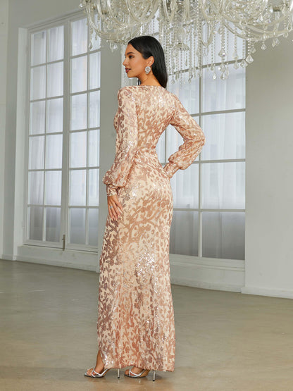 Timeless Chic Elegant Burgundy Sequin Mermaid V-Neck Long Sleeve Long Prom Dress