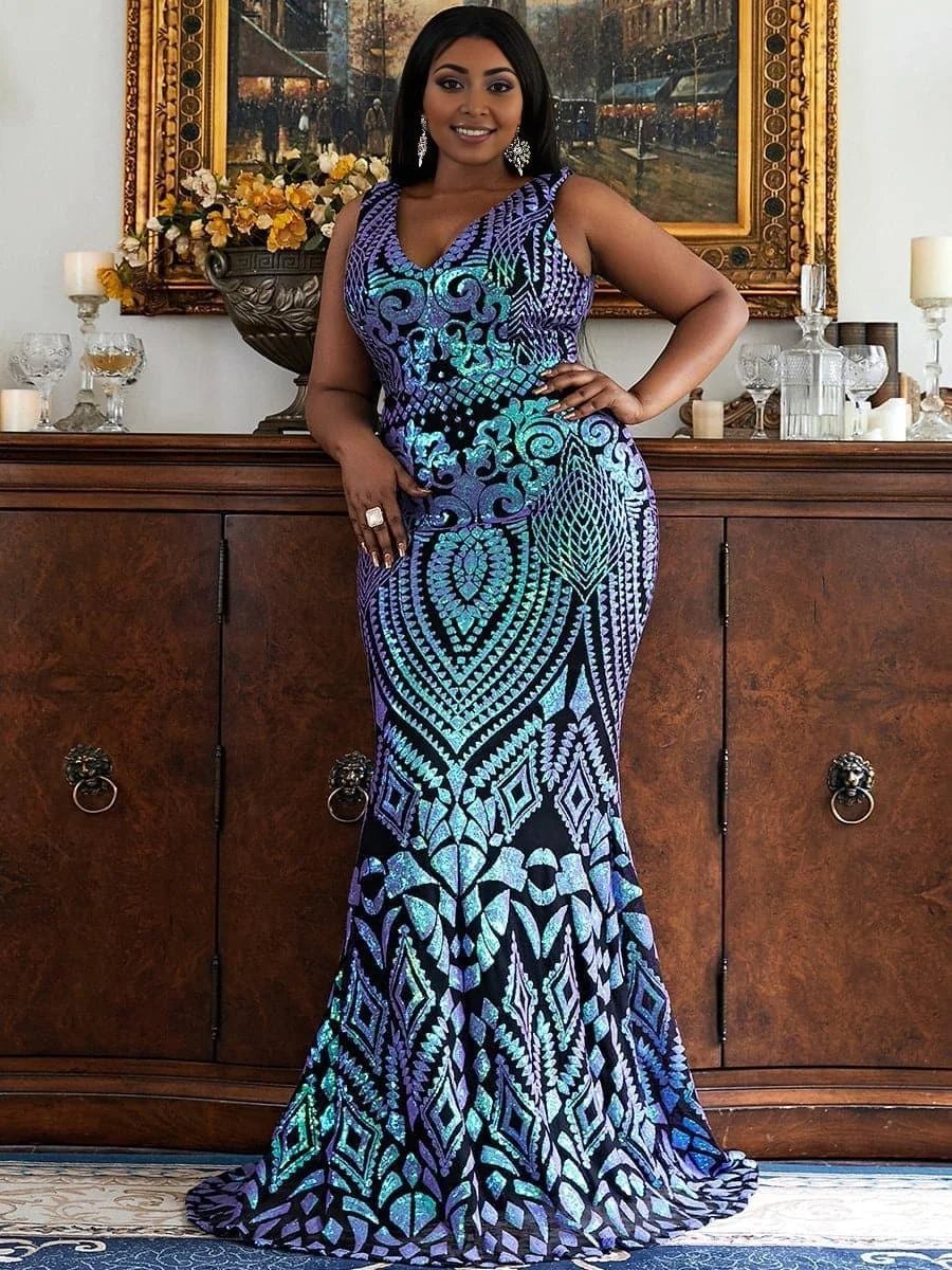 Beautiful Timeless Special Occasion Sophisticated Elegant Purple Sequin Mermaid Sleeveless Prom Dress