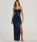 Navy Luxury Sheath Cowl Neck Spaghetti-Strap Zipper-Back Floor-Length High Slit Prom Dresses