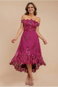 Magenta A‑Line Off‑The‑Shoulder Short Sleeve Zipper Back Hi‑Lo Mother Of The Bride Dress